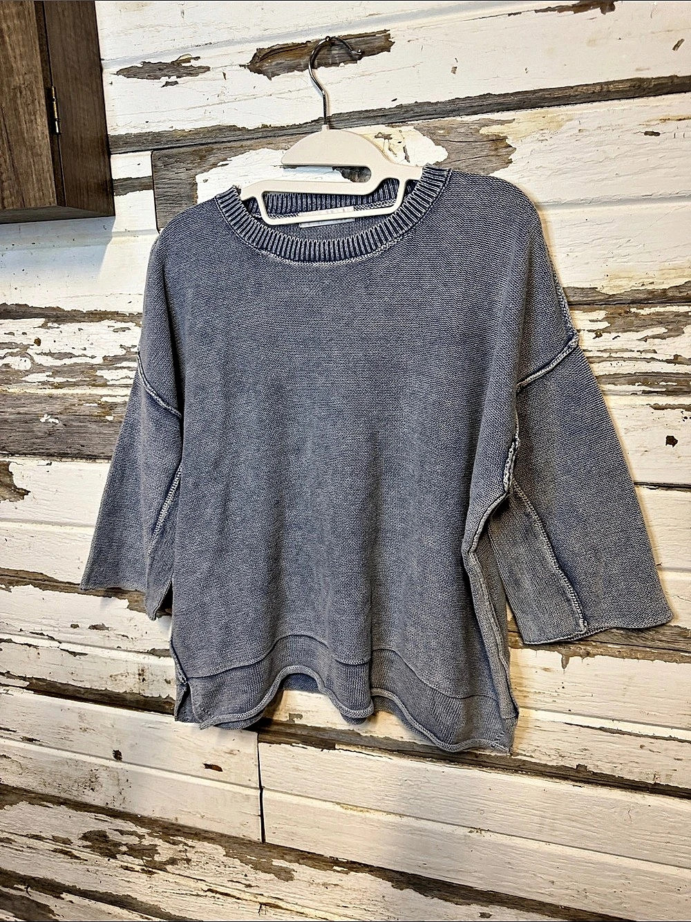 ZENANA Acid Wash Exposed Seam Oversized Pullover Sweater Blue (020